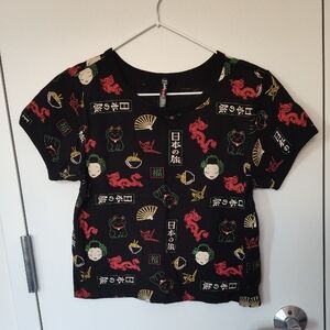Electric Pink Black Graphic Tee with Red, Green & Yellow Accents, Japanese Icons